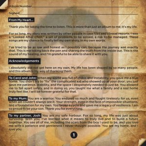 the album Insert Page 1 for the album made by Li Jean-Luc Harris Called The House That Trauma Built