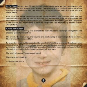 the album Insert Page 2 for the album made by Li Jean-Luc Harris Called The House That Trauma Built