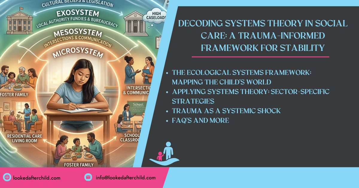 Infographic illustrating Bronfenbrenner's Ecological Systems Theory in social care, centered on a child within Microsystem (foster family, residential care, school), Mesosystem, Exosystem (local authority, bureaucracy, high caseloads), and Macrosystem (cultural beliefs, legislation). Accompanying text details 'Decoding Systems Theory in Social Care: A Trauma-Informed Framework for Stability,' outlining the ecological systems framework, sector-specific strategies, and trauma as a systemic shock.