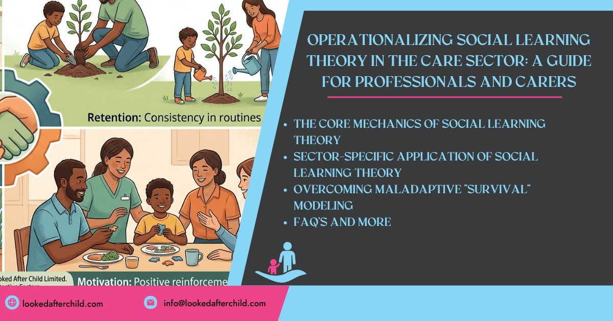 Infographic titled 'Operationalizing Social Learning Theory in the Care Sector: A Guide for Professionals and Carers'. It features illustrations of a man and boy planting a tree, a boy watering a plant, and a diverse family sharing a meal, representing consistency in routines and positive reinforcement. The guide outlines key topics: core mechanics of social learning theory, sector-specific application, overcoming maladaptive 'survival' modeling, and FAQs, providing essential trauma-informed tools for supporting children in care.