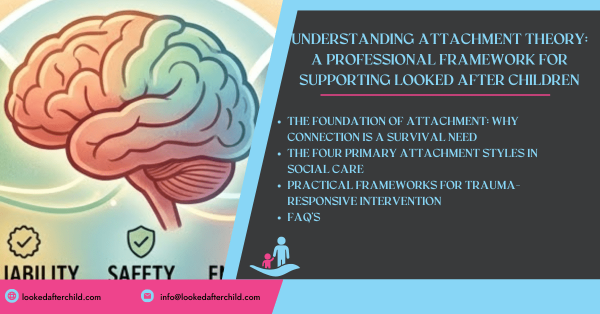 A professional graphic titled 'Understanding Attachment Theory: A Professional Framework for Supporting Looked After Children,' featuring a stylized brain illustration. The graphic outlines key topics including the foundation of attachment as a survival need, the four primary attachment styles in social care, practical trauma-responsive intervention frameworks, and FAQs, providing essential guidance for professionals working with vulnerable children.