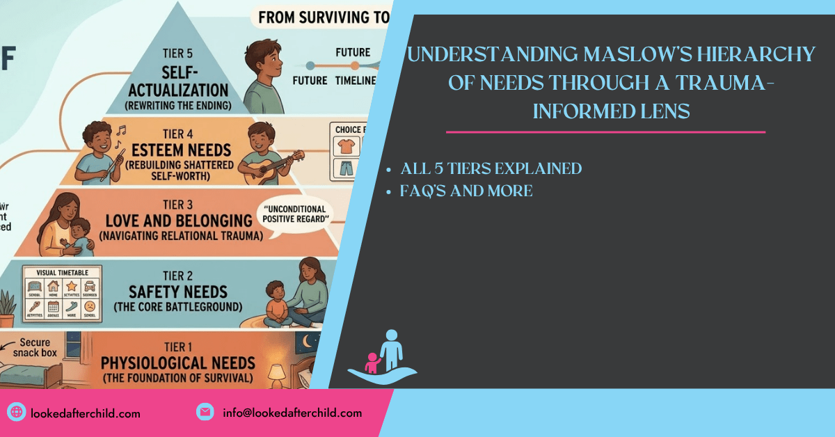 An infographic titled 'Understanding Maslow's Hierarchy of Needs Through a Trauma-Informed Lens.' It displays a five-tier pyramid, each tier illustrating a need with trauma-informed context: Tier 1, Physiological Needs (The Foundation of Survival), shows a bed and secure snack box; Tier 2, Safety Needs (The Core Battleground), depicts a visual timetable and an adult with a child; Tier 3, Love and Belonging (Navigating Relational Trauma), features a mother holding a child and 'Unconditional Positive Regard'; Tier 4, Esteem Needs (Rebuilding Shattered Self-Worth), shows children playing instruments and making choices; and Tier 5, Self-Actualization (Rewriting the Ending), illustrates a child looking towards a 'Future Timeline.' The right panel emphasizes 'All 5 Tiers Explained' and 'FAQ's and More,' with 'lookedafterchild.com' and 'info@lookedafterchild.com' at the bottom.